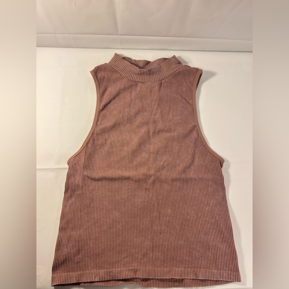One Step Up, Dusty Rose Ribbed Fitted Sleeveless Mock Turtle Neck